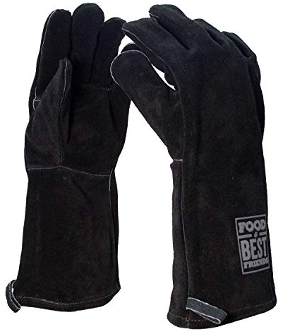 FOOD & BEST FRIENDS EST 1919 Grillhandschuhe, Leder, Anthrazit, Ofenhandschuhe, Rindsspaltleder, hitzebeständig, Premium-Ofenhandschuhe, Wildleder, Grillhandschuhe, Ofen, Kamin, Essen