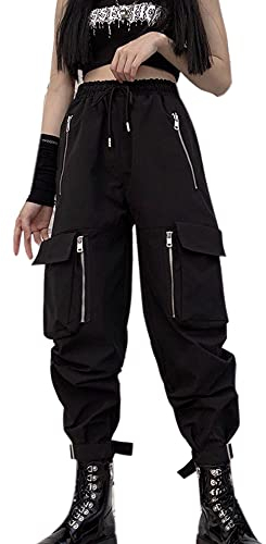 MEINVQIAOTI Pantalon cargo noir femme lâche pantalon enchaîné multi-poches multi-zip Punk Goth pantalon, Noir , S