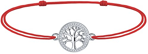J.Endéar Bracelet de Cheville Arbre de Vie Femme Fille Argent avec Zircone, Corde Fait Main Bracelet de Cheville Amour Amitié Cadeau d'été 37cm Réglable, Rouge