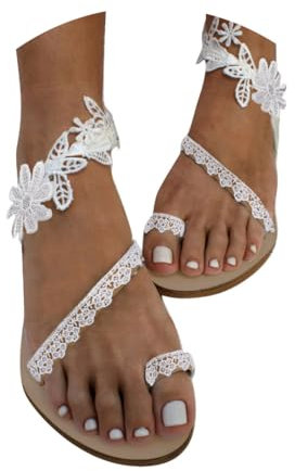 Dasongff Sandales Plate été Femmes Bohème Tongs Plage Chaussures Nu-Pieds Mode avec Perles Claquette Piscine Semelle Confortable Léger Nu Pieds Pour Femme de Mariee Dentel Mode