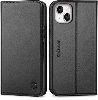 SHIELDON Case for iPhone 14 Plus 5G 6.7, Shockproof Genuine Leather Wallet Case[Card Slots][RFID Blocking][TPU Shell][Kickstand] Magnetic Flip Folio Cover Compatible with iPhone 14 Plus 2022, Black
