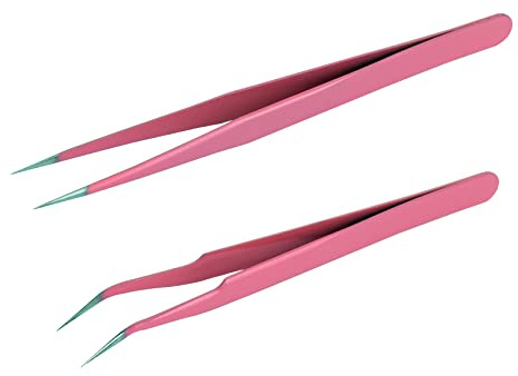 2 Stück Wimpernpinzette, Nair Art Pinzette, gerade und gebogene Spitze, Wimpernpinzette, Wimpernverlängerung, Pinzette (rosa, 2 Stück)