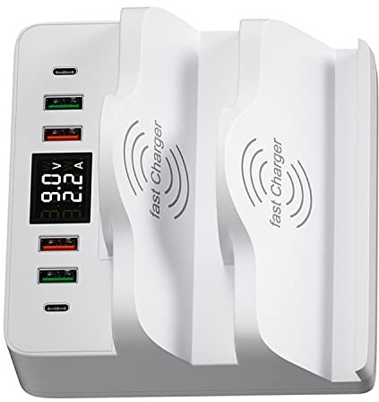 80W 6-Port USB Charger, USB Charging Station PD Fast Charger with Quick Charge 3.0 Multi USB Port Dual Wireless Charger LCD Display USB C Charging Desktop Hub for iPhone iPad Samsung Tablet