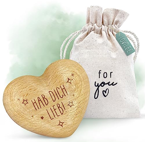 LOViLEE Hab dich lieb - Handschmeichler Holz Glücksbringer Prüfung - Holz Herz inkl. Geschenkbeutel & Grußkartenset - Mutmacher Geschenk, Schutzengel Geschenk, Gute Besserung Geschenke Frauen