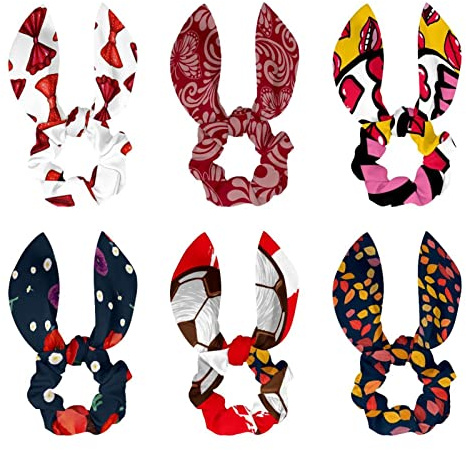Lot de 6 chouchous à cheveux avec nœud - Accessoires pour cheveux - Pour femmes et filles - Feuilles d'arbre colorées - Rouge et jaune - Bleu marine
