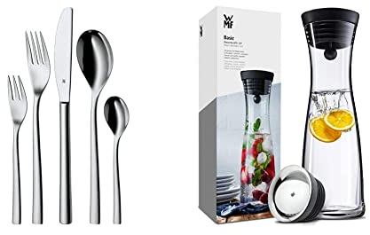 WMF Palermo Besteck Set 12 Personen, Essbesteck 60 teilig, Monobloc-Messer, Cromargan Edelstahl & Basic Wasserkaraffe aus Glas, 1 Liter, Glaskaraffe mit Deckel, Silikondeckel, CloseUp-Verschluss
