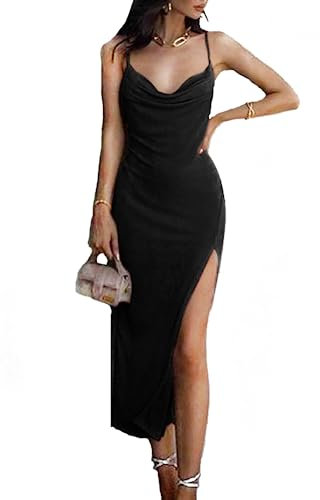 KBRPEY Sommerkleid Damen Spaghettiträger Lang Sexy Rückenfrei Bodycon Kleid Figurbetontes Ärmelloses Kleid Enger Partykleid Schwarze Kleider Faszinierend Kleid Schwarz Schlitz Lang(Schwarz S)