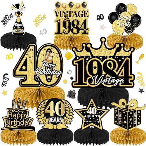 Geburtstag Dekoration 40. Tischdeko Bienenwabe Mittelstück mit Konfetti für Männer Frauen Tischdekoration Party Geburtstagsparty 9Stk Schwarz Gold