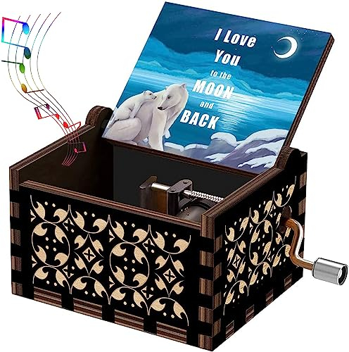 Holz-Spieluhr für Tochter, Sohn, Ehefrau, Ehemann, Freundin, Vater, Mutter, I Love You To The Moon And Back, Tune You Are My Sunshine, Vintage-Musikbox für Freund zum Geburtstag, Muttertag,