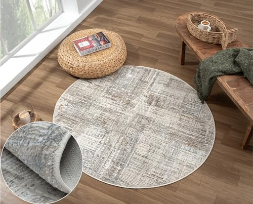 MY-RUG Teppich Calla rund Creme 120 x 120 cm Runder Esszimmerteppich in kurzflor, Badezimmerteppich in Beige Grau meliert für das Wohnzimmer