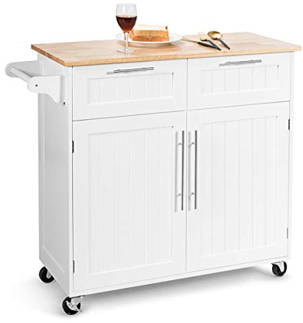 COSTWAY Carrito de Cocina, Carro de Cocina Giratorio con Cajones de Almacenamiento y Grandes Armarios, Carro de Servir, 4 Ruedas Universales y Toallero, 94 x 45 x 94,5cm (Blanco)