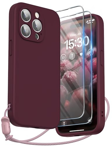 SURPHY kompatibel mit iPhone 15 Pro Hülle Silikon mit Band & Displayschutzfolie 6,1 2023, Handyhülle iPhone 15 Pro Case mit Kameraschutz, iPhone 15 Pro Schutzhülle, Pflaume