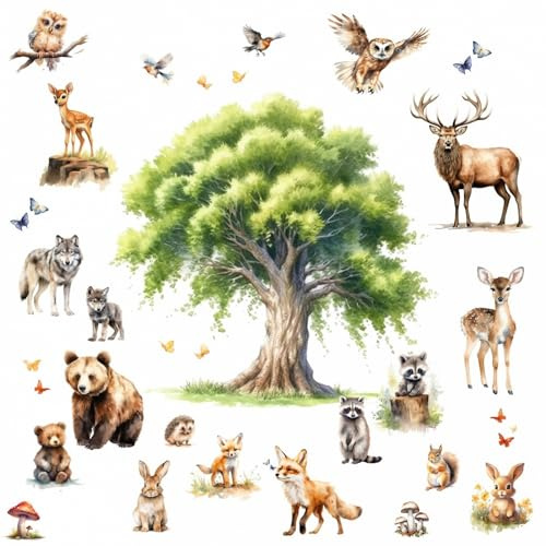 247 Wandtattoo Waldtiere Aquarell Baum Kinderzimmer Wanddeko Größe 2000 x 1120 mm