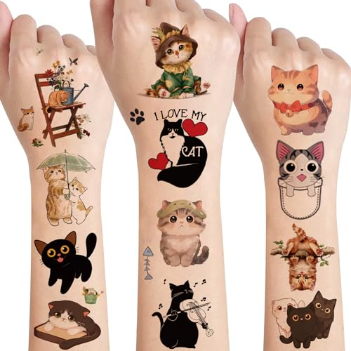 Tattoo Kinder,Katzen Tattoo Sticker,8 Blätter Hautfreundlich Kindertattoos für Jungen Mädchen Cat Temporäre Tattoos,Mitgebsel Kindergeburtstag Gastgeschenke Party Deko Spielzeug Katze für Kinder