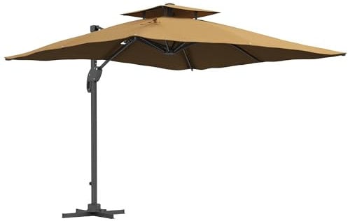 Outsunny 3 x 3 m Cantilever Parasol with Hydraulic Opening, Heavy Duty Aluminium Hanging Garden Parasol, Double Top Square Patio Umbrella with 360° Rotation, 8 Ribs, Cross Base, Khaki