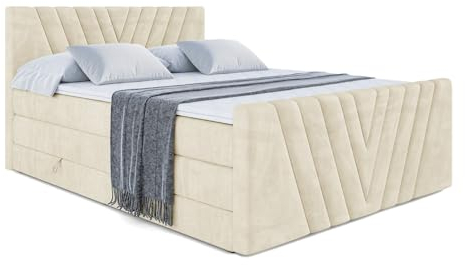 ALTDECOR Boxspringbett mit Matratze und Lattenrost, Topper, Fußteil,Polsterbett mit Bettkasten, Bett mit Stauraum H3- und H4- Matratze, Doppelbett - ERNINA-Z King - 200x200 - Beige Monolith
