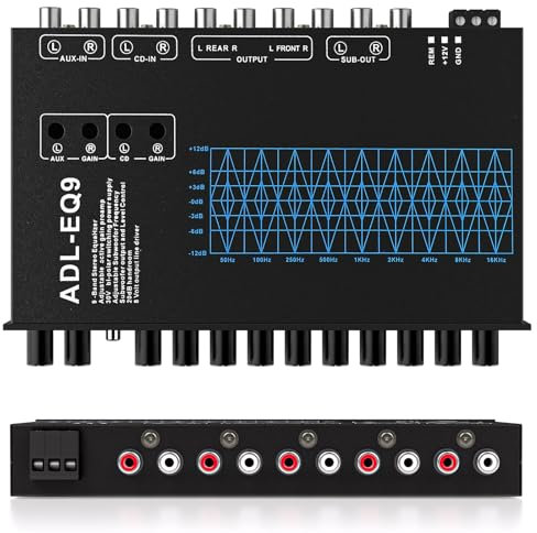 Suacopzar 9 Band Car Audio Equalizer, Car Graphic Equalizer EQ W/Front, Rear +Sub Output, 8V RMS Line Driver, Frequency Adjustable Audio Output for Car, Boat W/CD/AUX Input, White Light Illumination