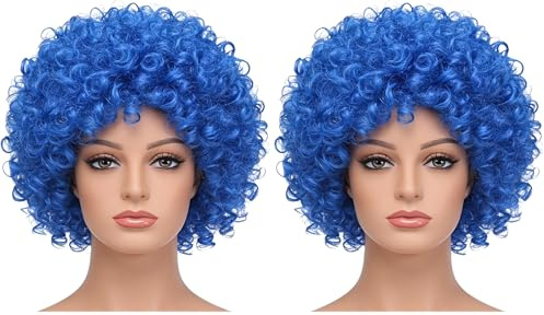 Afro Wigs Curly Bouncy Hair For Fancy Dress Party Costume Disco Accessory Unisex 60s 70S 80s Theme,Blue (Pack of 2)