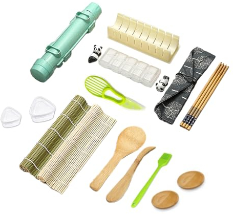 Baymate Sushi Making Kit Sushi Rollen Maker mit Bambusmatte Stäbchen Löffel und Reismischer Sushi-Form Stäbchen-Halter Soßentablett aus Holz Avocado-Werkzeuge DIY Sushi Machen Zubehör