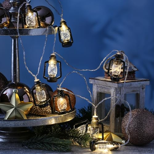 LED Lichterkette mit Mini Laternenn Dekogirlande 10 schwarze Sturmlaternen L: 1,8m mit Timer für Innen