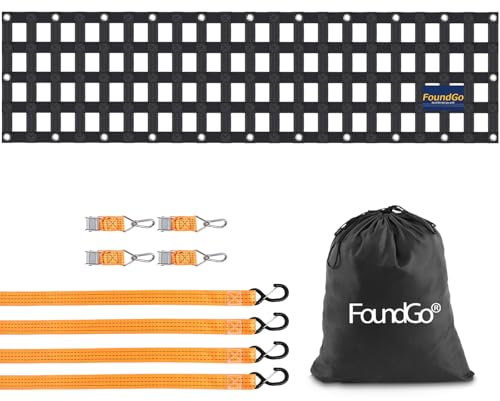 FoundGo Gepäcknetz für Pickup LKW Ladefläche [50x214cm 4.6cm Bandbreite] Schwerlast Anhängernetz Reißfest Heckklappe Frachtnetz Verstellbar für Pickup LKW Anhänger inkl. 4X Festen Gurten