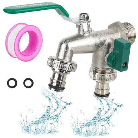 CTDMJ® Premium 3/4 pulgadas grifo de jardín doble grifo de bola de latón exterior a prueba de heladas 2 conexiones de manguera gratis, 1 cinta de sellado de rodillos, doble conexión y boquilla de