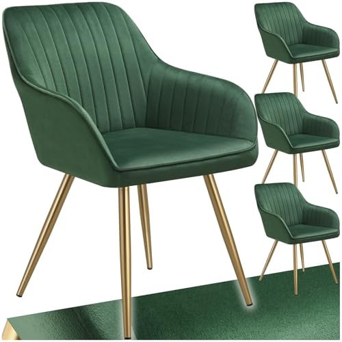 tectake® Set of 4 Dining Chairs with Quilted, Velvet-Look Covers, Softly Padded Armchair Set with Continuous Backrests & Golden Steel Legs, Ideal Kitchen, Living Room & Desk Chairs - Dark Green/Gold