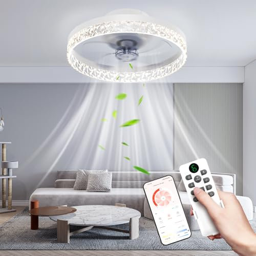 Ovshnrr LED Ceiling Fans with Lights and Remote, 50cm Dimmable 3 Colour 6 Speeds Reversible Fan Light Quiet Modern Small Ceiling Fan Lights for Bedroom Living Room Remote & APP Control