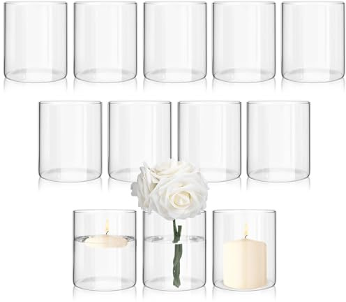 Lot de 12 petits vases en verre pour décoration de table - 15 cm - Vase cylindrique en verre transparent - Vase cylindrique - Vase avec fond pour fleurs, plantes, bougie (8,5 x 15 cm)