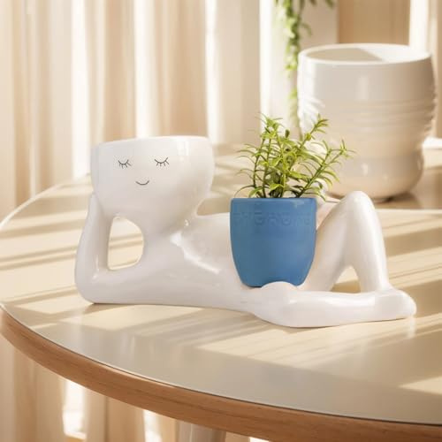 Entspannende Person mit Topf, liegender Figuren-Pflanzgefäß, Lazy Guy Pflanzgefäß, Sukkulenten-Blumentopf, Übertopf mit Ablaufloch für Innen- und Außenpflanzen (Blau)