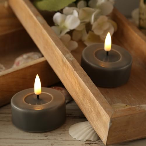 MARELIDA LED Maxi Teelichter Echtwachsteelichter Deluxe Homeart mit realistischer 3D Flamme mit Wachsspiegel Teelichter-Set für Innen grau (2 Teelichter groß)