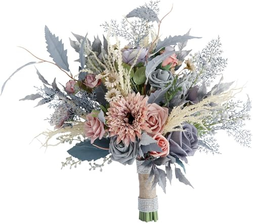 Fouriding Brautsträuße für Hochzeit,Künstliche Blumen Brautstrauß für Zeremonie Jahrestag Partei Braut Dusche Hochzeit Dekoration (Grau Rosa)