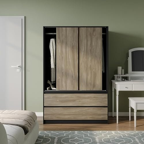 URBNLIVING Sliding Door Wardrobe with 4 Drawers & Hanging Rail, Freestanding Bedroom Closet Organizer, Durable Space-Saving Storage Cupboard, Modern MDF Flat Pack Furniture