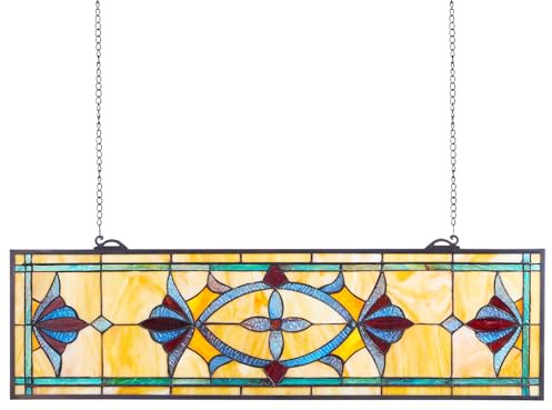VEVOR Stained Glass Window Panel, 32 x 10 in, Tiffany Style Hanging Transom Window Panel with Chain, Large Horizontal Rectangle Stain Glass, Vintage Traditional Art Handcrafts for Kitchen Home Decor