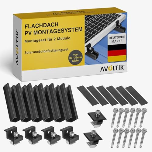 Avoltik Solarpanel Halterung Flachdach I Set für 2 Panele I Solarmodul Halterung Balkonkraftwerk I Flachdach Halterung für PV Module I Solarmodulbefestigungsset mit verstellbarer Endklemme von 30-35mm