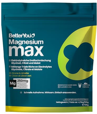 BetterYou Magnesium Glycinate, Citrate & Malate Supplement | Magnesium Max Powder - Lemon & Lime Flavoured, 3-in-1 Powder 375mg Elemental Magnesium, Fast Absorbing, Fast Acting & Easy to Use Drink