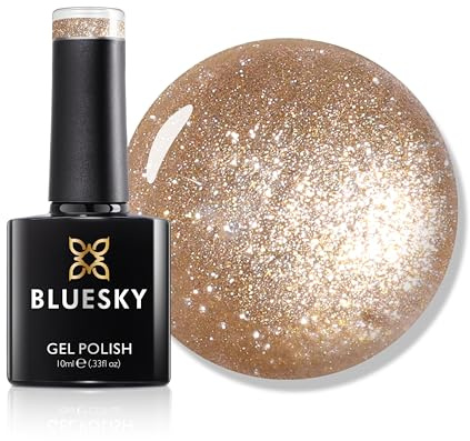 Bluesky Gel Nail Polish 10ml, Luxurious Sunshine - AW2520, Gold Shimmer | Radiant metallic sparkle for party season and festive accent tips. Keeps its glow chip-free for up to 21 days.