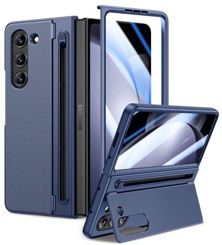 Doeshine for Z Fold 5 Case with Hidden Kickstand & Screen Protector, Blue | Wireless Charging, Slim Fit Stylish Texture Non-Slip Hard Shockproof Protective Cove Case for Samsung Galaxy Z Fold 5 5G 2023