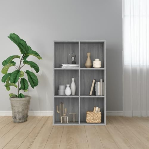 mtlskopl Bücherregal 66x30x98 cm Grau Sonoma Holzwerkstoff Modernes Sideboard für Wohnzimmer Schlafzimmer Büro & Gaming Setup mit 6 Fächern