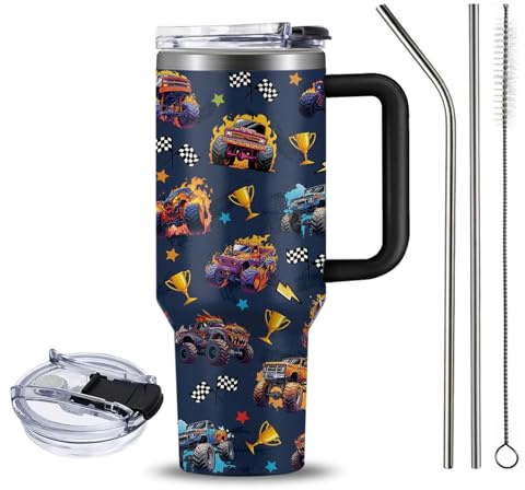 NIAXAUYT Monster Truck Gifts - Monster Truck Tumbler with Handle and Straws 40oz Stainless Steel Big Trucks Insulated Travel Cups - Birthday Present for Trucks Lover Teen Boys Men Son Coffee Mugs