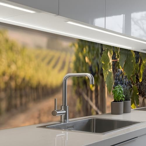 KitchenYeah© Spritzschutz Küchenrückwand Selbstklebend Küche Rückwand | 60x300 cm - Küchenwand Wand Küchenfront Verkleidung Küchenspritzschutz Trauben - Weinberg - Sonnenlicht