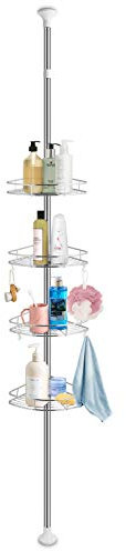 Étagère de Douche Telescopique, Étagère de Salle de Bain Douche Angle Sans Percage Acier Inoxydable avec 4 étagères de Rangement de Réglable en Hauteur 190-310cm