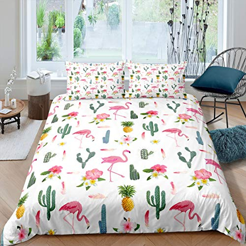 Loussiesd Kinder Bettwäsche Set 135x200cm Flamingo Drucken Bettbezug Set Tropische Ananas Kaktus Blumen Muster Betten Set mit 1 Kissenbezügen 80x80cm für Mädchen Frauen Dekorativ