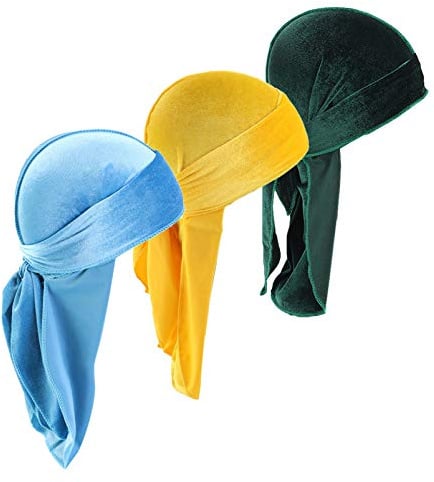Upsmile Durags Doo Rag Dew Rags für Herren, 360 Wellen, 3er-Pack, Samt, Durags, Kopfbedeckung, Totenkopfmütze, Headwraps für Männer und Frauen, 1c, Einheitsgröße