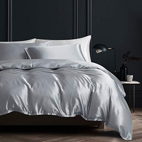 Boqingzhu Satin Bettwäsche 220x240cm Grau Uni Glatt Glänzend Glanzsatin Bettwäsche Set Bettbezug mit Reißverschluss und 2 Kissenbezüge 80x80cm