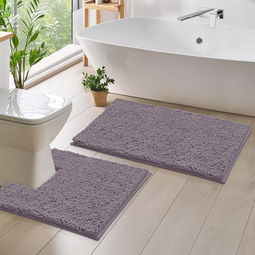 LuxUrux Bath Mat Set - Non-Slip Bathroom Mat and Square Cut-Out Pedestal Mat for Toilet - Perfect for Modern Bathroom Décor. (Mauve, 50 x 80 cm + Square Shaped 50 x 50 cm)