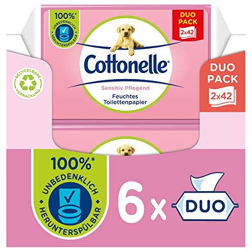Cottonelle Feuchtes Toilettenpapier, Sensitive Pflegend - Parfümfrei, Biologisch Abbaubar, Plastikfrei, Wiederverschließbar, Vorteilspack, Duo-Pack, 6 x 84 Feuchttücher