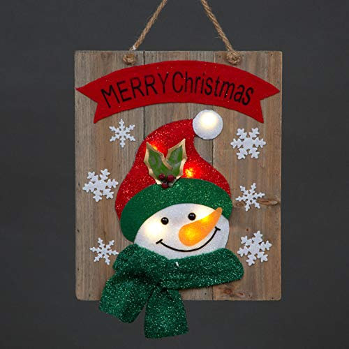 SHATCHI LED Light-Up Wooden Snowman Snowflakes Wall Hanging Battery Operated 30x36cm-Merry Christmas Decoration, Wood, 30x36cm