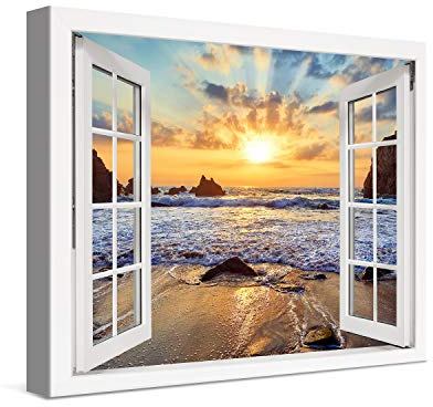 PICANOVA – Stampa su Tela Tramonto sulla Spiaggia Rocciosa Finestra 40x30cm – Quadro su Tela Moderno Incorniciato con Spessore di 2cm – Foto Decorazione da Parete Come Dipinto – Collezione Spiagge