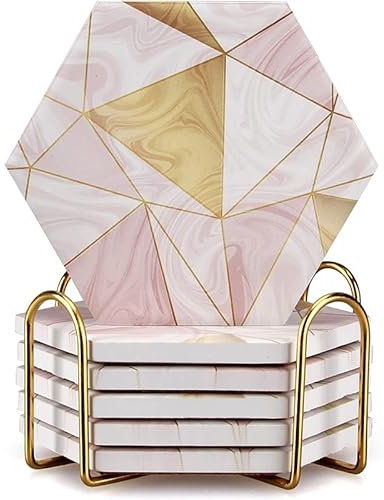 Lot de 6 Dessous de Verre en marbre Rose avec Support doré Absorbant, sous-Verres hexagonaux en céramique, sous-Verres décoratifs pour Bar à vin